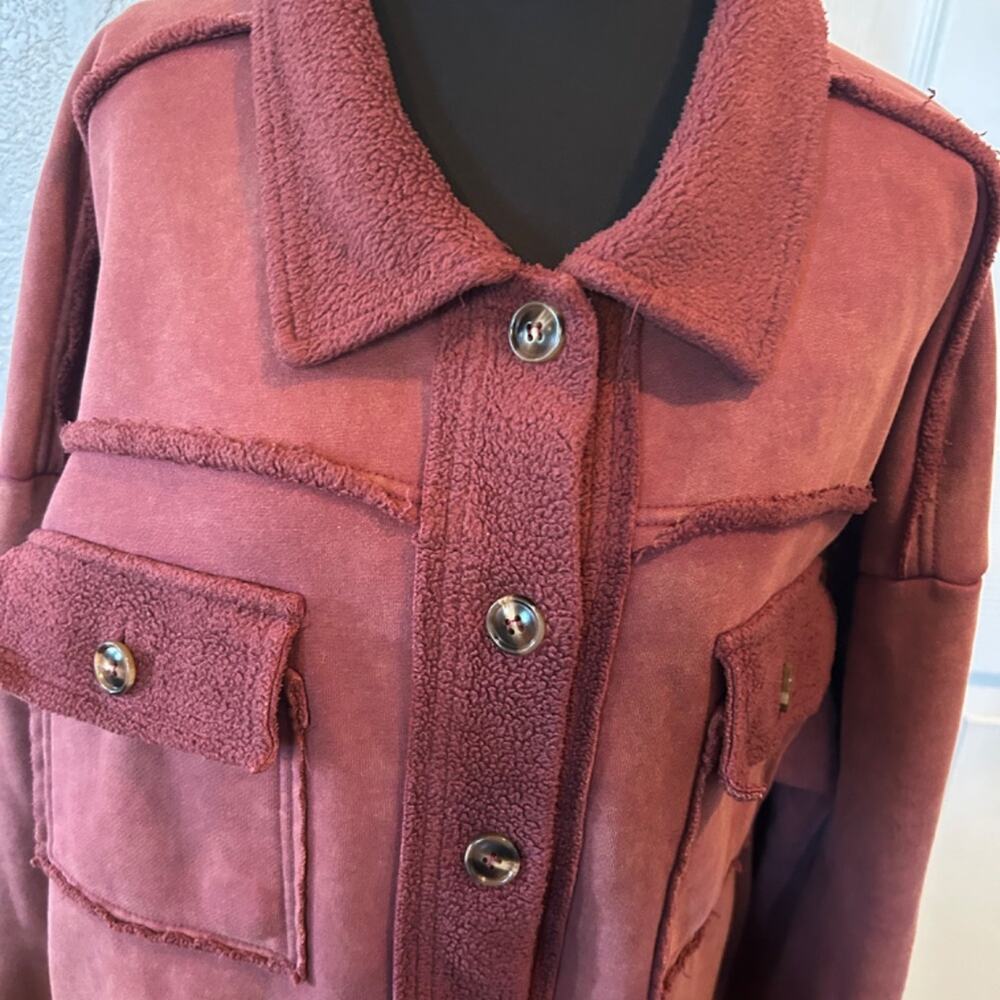 Easel Marsala Rust Mineral Wash Raw Edge Terry Shacket L - Picture 6 of 8
